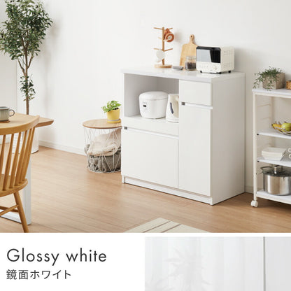 キッチンカウンター 間仕切り 幅90 食器棚 国産 完成品 大川家具 防汚加工 鏡面ホワイト セラミック調グレー 大容量 キッチン 収納 レンジ台 収納棚 スライド式 フルオープンレール ローリエ(代引不可)