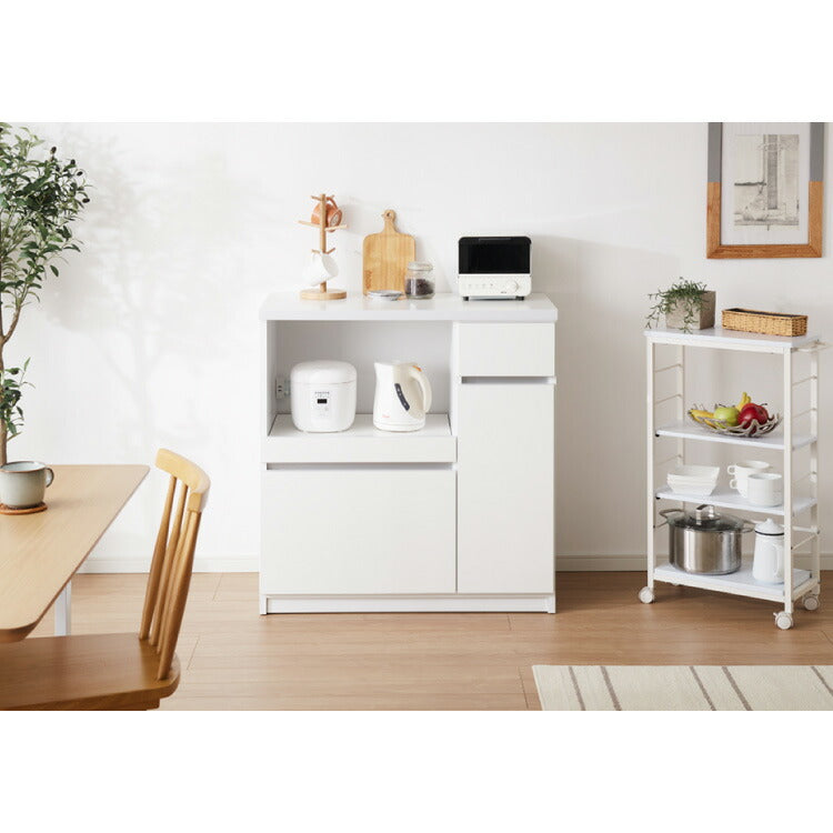 キッチンカウンター 間仕切り 幅90 食器棚 国産 完成品 大川家具 防汚加工 鏡面ホワイト セラミック調グレー 大容量 キッチン 収納 レンジ台 収納棚 スライド式 フルオープンレール ローリエ(代引不可)