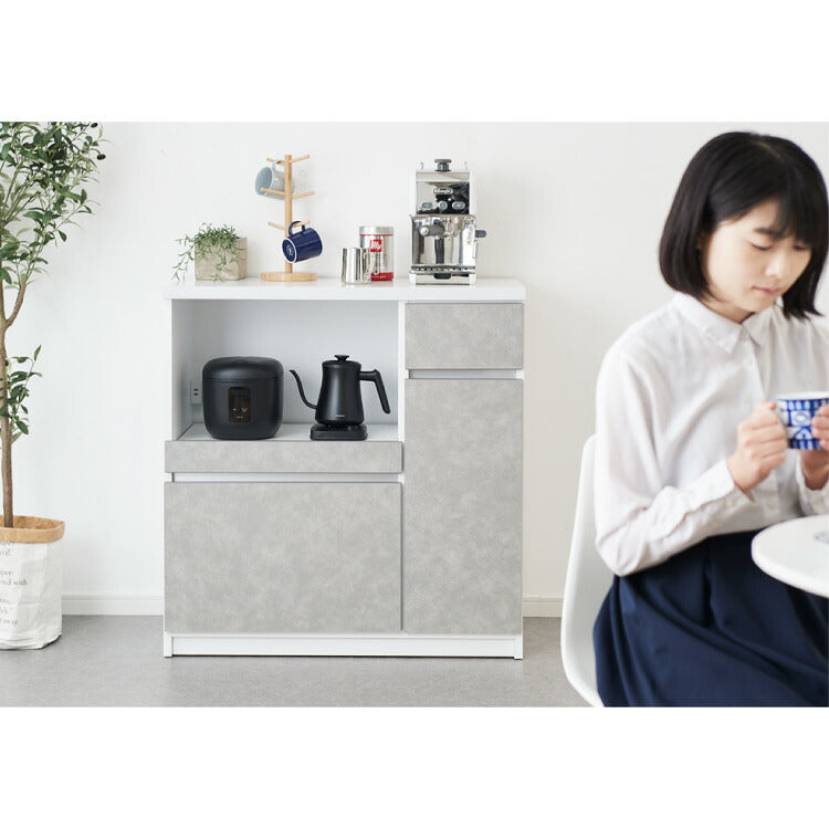 キッチンカウンター 間仕切り 幅90 食器棚 国産 完成品 大川家具 防汚加工 鏡面ホワイト セラミック調グレー 大容量 キッチン 収納 レンジ台 収納棚 スライド式 フルオープンレール ローリエ(代引不可)