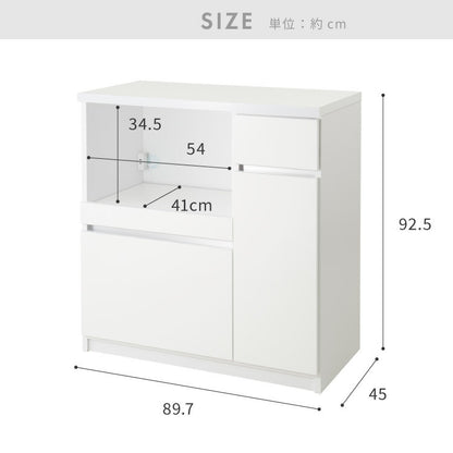 キッチンカウンター 間仕切り 幅90 食器棚 国産 完成品 大川家具 防汚加工 鏡面ホワイト セラミック調グレー 大容量 キッチン 収納 レンジ台 収納棚 スライド式 フルオープンレール ローリエ(代引不可)