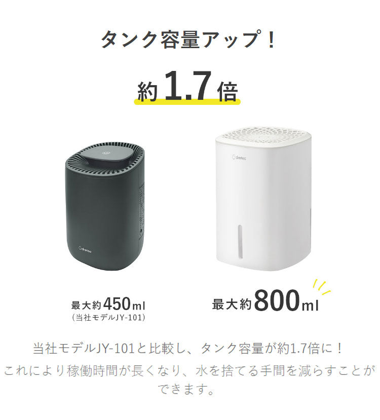 ドリテック コンパクト除湿機 JY-102 小型除湿機 大容量タンク 800ml 4.5畳以下 コンパクト 省スペース 除湿器 ペルチェ式 小型 梅雨対策 湿気対策 玄関 クローゼット 寝室 白 ホワイト ロワン dretec