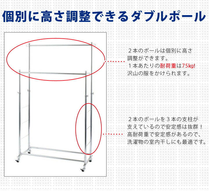 ハンガープロ ダブル Luminous(ルミナス) 幅100.5cm 耐荷重150 2段 スチール 高さ伸縮式 キャスター付 省スペース 頑丈 ハンガーラック パイプハンガー ワードローブ 衣類収納 HPD-100CR