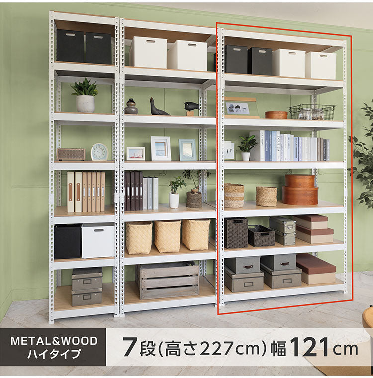 シェルフ7段 幅121cm ドリームウェア メタル&ウッドラック MK-2227NWH MK-2227NBK 1台総耐荷重約210kg リバーシブル棚板 ボルトレス 転倒防止金具付 組立用ハンマー付 お客様組立(代引不可)