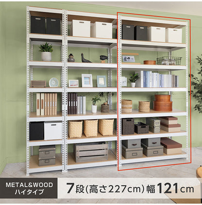 シェルフ7段 幅121cm ドリームウェア メタル&ウッドラック MK-2227NWH MK-2227NBK 1台総耐荷重約210kg リバーシブル棚板 ボルトレス 転倒防止金具付 組立用ハンマー付 お客様組立(代引不可)