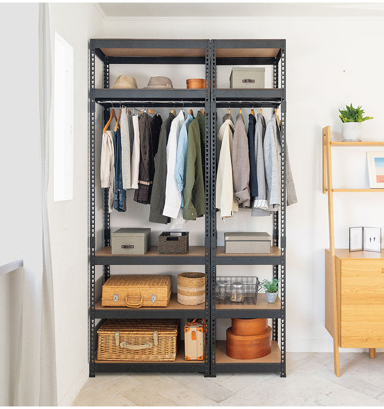 全5段 幅81cm ハンガー付き ドリームウェア メタル&ウッドラック MK-2285HWH MK-2285HBK 総耐荷重約250kg 洋服収納可能 リバーシブル棚板 ボルトレス 転倒防止金具付 組立用ハンマー付(代引不可)