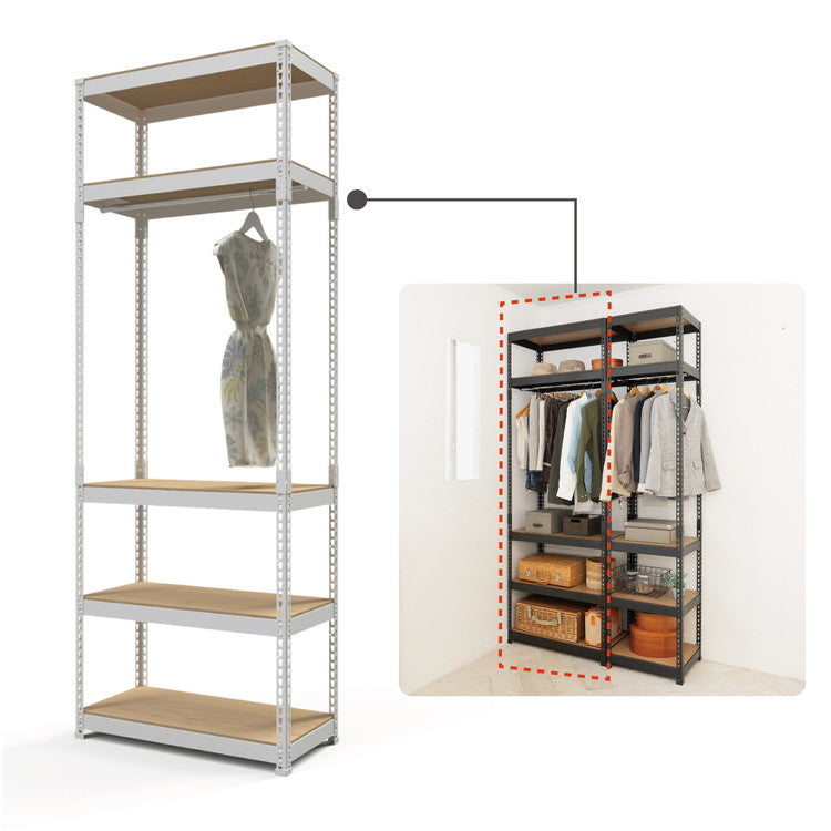 全5段 幅81cm ハンガー付き ドリームウェア メタル&ウッドラック MK-2285HWH MK-2285HBK 総耐荷重約250kg 洋服収納可能 リバーシブル棚板 ボルトレス 転倒防止金具付 組立用ハンマー付(代引不可)