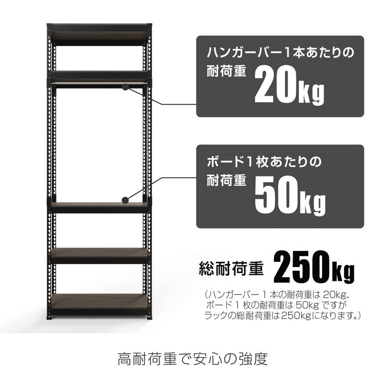 全5段 幅81cm ハンガー付き ドリームウェア メタル&ウッドラック MK-2285HWH MK-2285HBK 総耐荷重約250kg 洋服収納可能 リバーシブル棚板 ボルトレス 転倒防止金具付 組立用ハンマー付(代引不可)