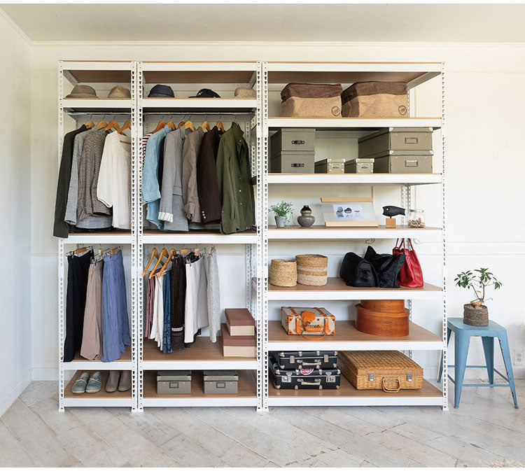 全5段 幅81cm ハンガー2段付き ドリームウェア メタル&ウッドラック MK-2285H2WH MK-2285H2BK ハンガー2本付 洋服収納可能 リバーシブル棚板 ボルトレス 転倒防止金具付 組立用ハンマー付(代引不可)