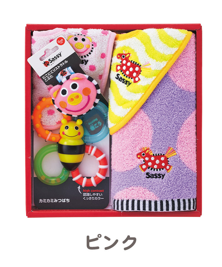 Sassy サッシー 出産祝いセット 5点セット ウォッシュタオル ビブ2個 ラトル 歯固め ギフト プレゼント ピンク ブルー お祝い