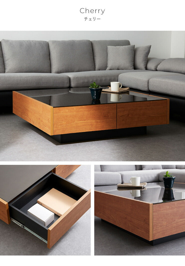 センターテーブル 日本製 桐材使用 木製 100×100cm 正方形 ガラス天板 引出し おしゃれ シンプル 国産 完成品 大川家具 ローテーブル テーブル 収納 ブラックガラス (代引不可)