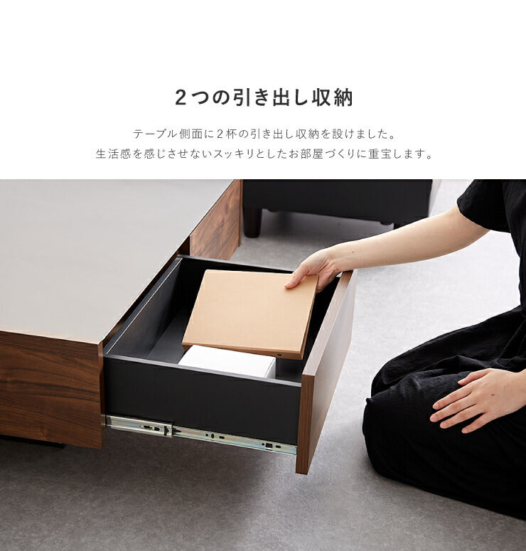 センターテーブル 日本製 桐材使用 木製 100×100cm 正方形 ガラス天板 引出し おしゃれ シンプル 国産 完成品 大川家具 ローテーブル テーブル 収納 ブラックガラス (代引不可)