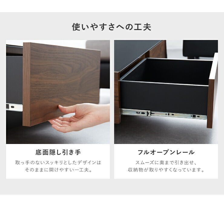 センターテーブル 日本製 桐材使用 木製 100×100cm 正方形 ガラス天板 引出し おしゃれ シンプル 国産 完成品 大川家具 ローテーブル テーブル 収納 ブラックガラス (代引不可)