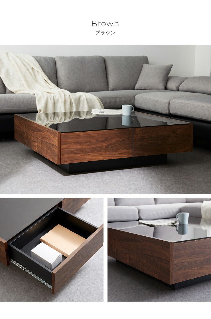 センターテーブル 日本製 桐材使用 木製 100×100cm 正方形 ガラス天板 引出し おしゃれ シンプル 国産 完成品 大川家具 ローテーブル テーブル 収納 ブラックガラス (代引不可)