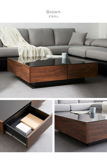 センターテーブル 日本製 桐材使用 木製 100×100cm 正方形 ガラス天板 引出し おしゃれ シンプル 国産 完成品 大川家具 ローテーブル テーブル 収納 ブラックガラス (代引不可)