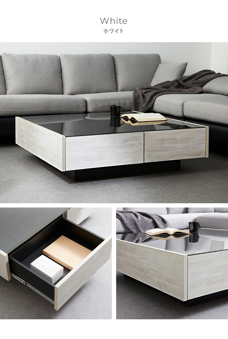 センターテーブル 日本製 桐材使用 木製 100×100cm 正方形 ガラス天板 引出し おしゃれ シンプル 国産 完成品 大川家具 ローテーブル テーブル 収納 ブラックガラス (代引不可)