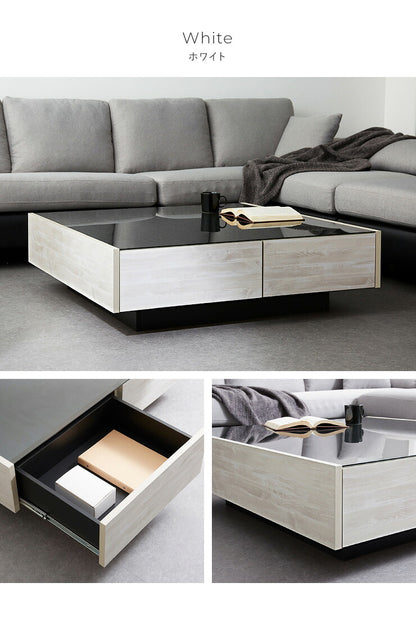 センターテーブル 日本製 桐材使用 木製 100×100cm 正方形 ガラス天板 引出し おしゃれ シンプル 国産 完成品 大川家具 ローテーブル テーブル 収納 ブラックガラス (代引不可)