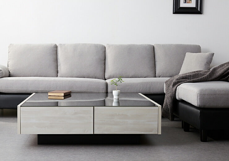 センターテーブル 日本製 桐材使用 木製 100×100cm 正方形 ガラス天板 引出し おしゃれ シンプル 国産 完成品 大川家具 ローテーブル テーブル 収納 ブラックガラス (代引不可)