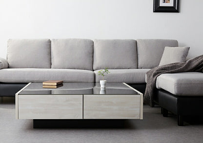 センターテーブル 日本製 桐材使用 木製 100×100cm 正方形 ガラス天板 引出し おしゃれ シンプル 国産 完成品 大川家具 ローテーブル テーブル 収納 ブラックガラス (代引不可)