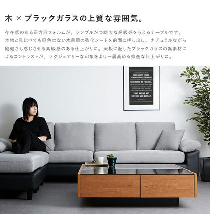 センターテーブル 日本製 桐材使用 木製 100×100cm 正方形 ガラス天板 引出し おしゃれ シンプル 国産 完成品 大川家具 ローテーブル テーブル 収納 ブラックガラス (代引不可)