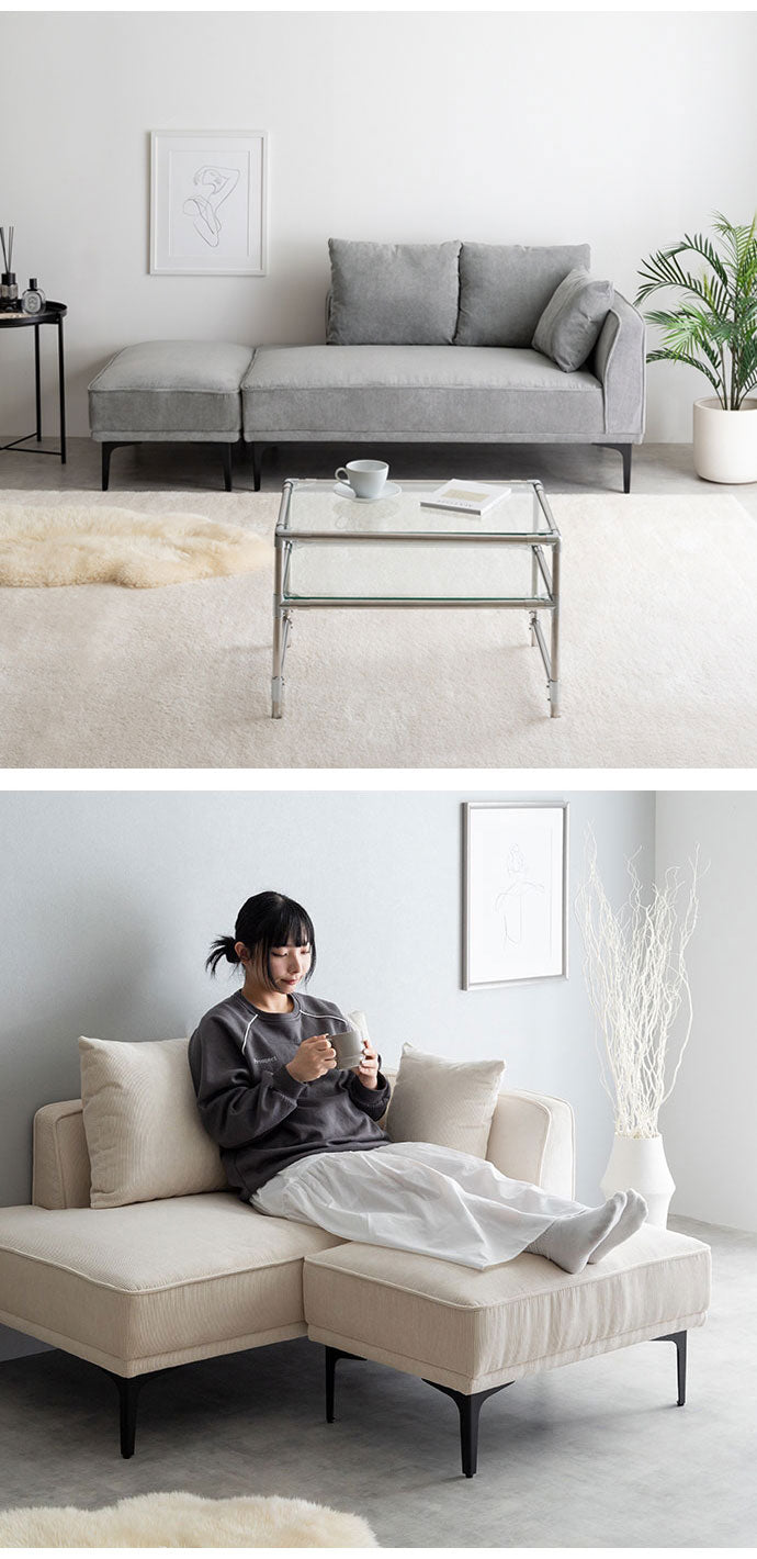 Siena シエナ ソファセット オットマン付き2人掛けソファ カウチソファ 座面高39cm 片側アームレスト 選べる3色 ローソファ コーデユロイ生地 アイアン脚 上品 レイアウト自由 広々座面ワンルーム(代引不可)