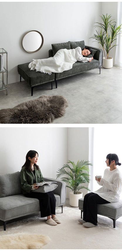 Siena シエナ ソファセット オットマン付き2人掛けソファ カウチソファ 座面高39cm 片側アームレスト 選べる3色 ローソファ コーデユロイ生地 アイアン脚 上品 レイアウト自由 広々座面ワンルーム(代引不可)