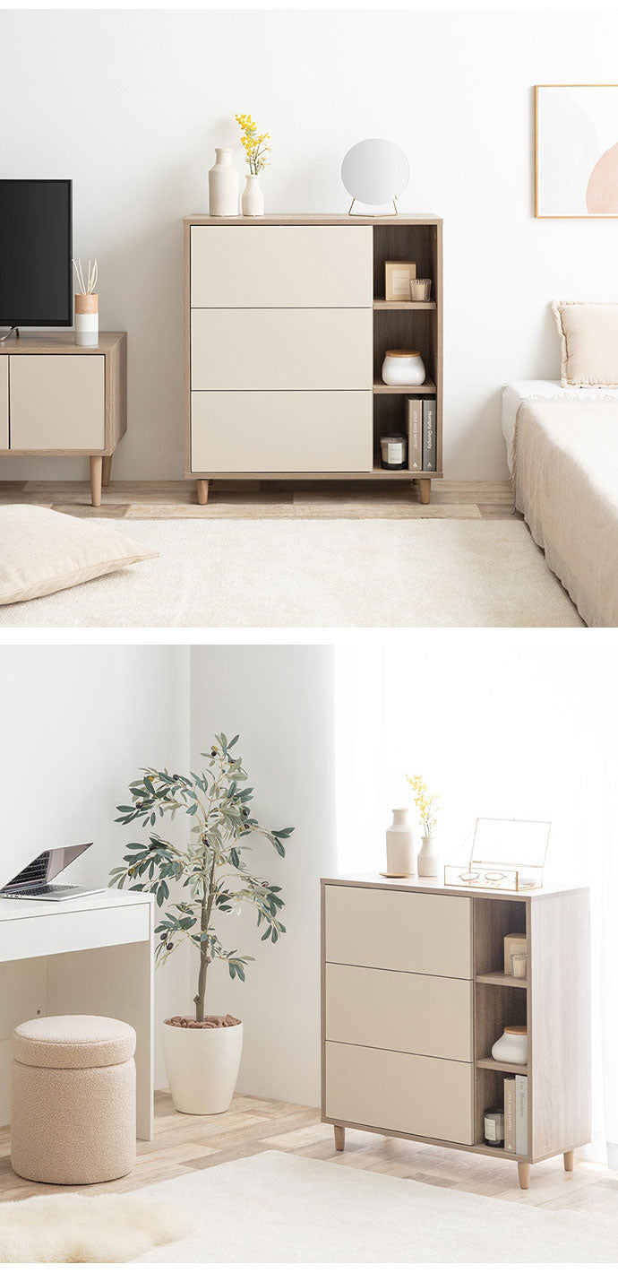 Erin エリン 棚付きチェスト 可動棚 幅73cm バイカラー 木目調 組立品 天然木 コンパクトフラットデザイン 収納 ワンルーム 奥行31cm 高さ81cm ナチュラル モダン スライドレール オープン収納 棚付き(代引不可)