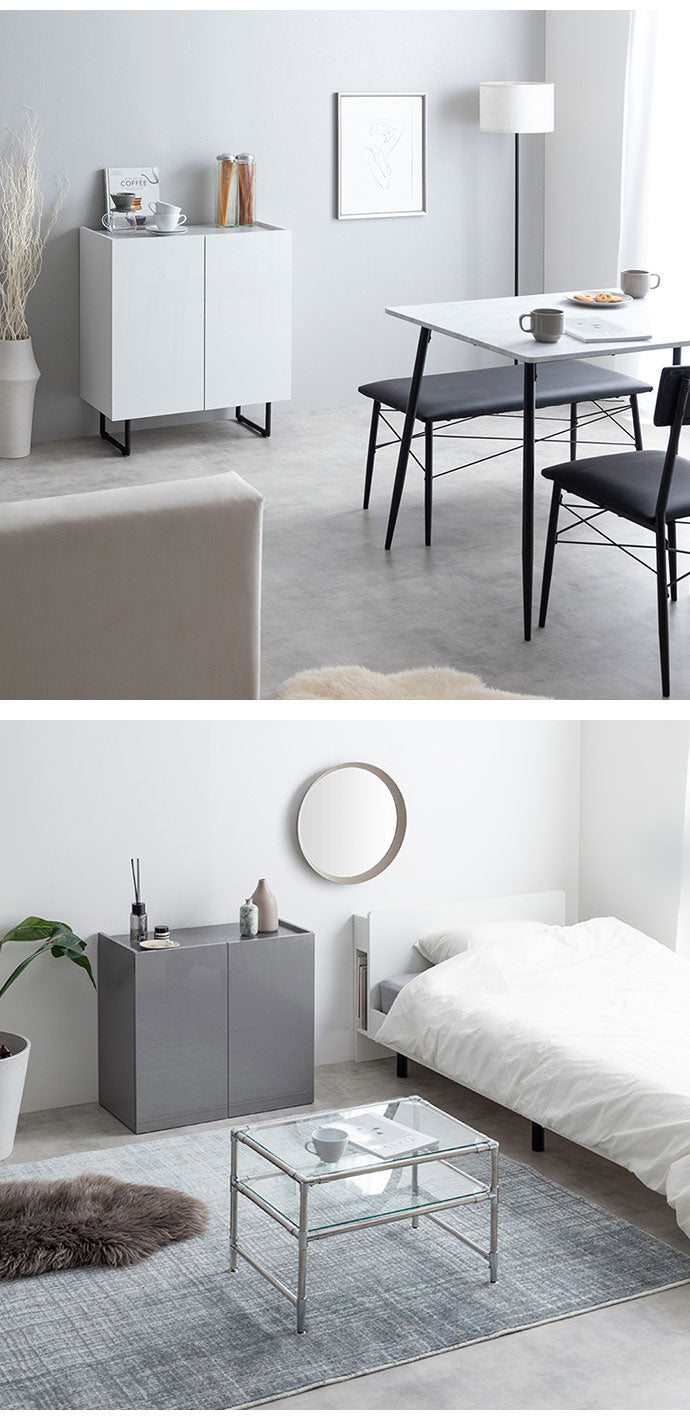 Anq アンク キャビネット 石目柄 可動棚 組立品 鏡面扉 幅70cm スリム 2WAY ハイタイプ ロータイプ コード穴付き 奥行35cm 高さ80cm リビング ダイニング ベット デスク 上品 重厚感(代引不可)