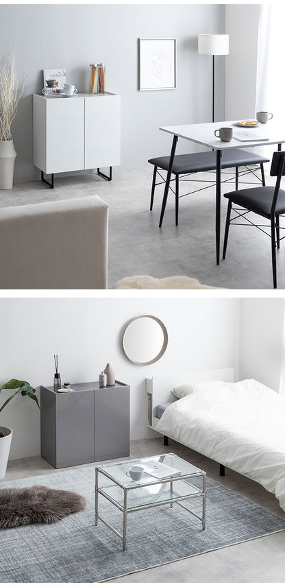 Anq アンク キャビネット 石目柄 可動棚 組立品 鏡面扉 幅70cm スリム 2WAY ハイタイプ ロータイプ コード穴付き 奥行35cm 高さ80cm リビング ダイニング ベット デスク 上品 重厚感(代引不可)