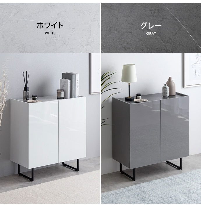 Anq アンク キャビネット 石目柄 可動棚 組立品 鏡面扉 幅70cm スリム 2WAY ハイタイプ ロータイプ コード穴付き 奥行35cm 高さ80cm リビング ダイニング ベット デスク 上品 重厚感(代引不可)