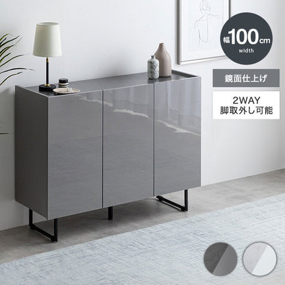 Anq アンク キャビネット 石目柄 可動棚 組立品 鏡面扉 幅100cm スリム 2WAY ハイタイプ ロータイプ コード穴付き 奥行35cm 高さ80cm リビング ダイニング ベット デスク 上品 重厚感(代引不可)