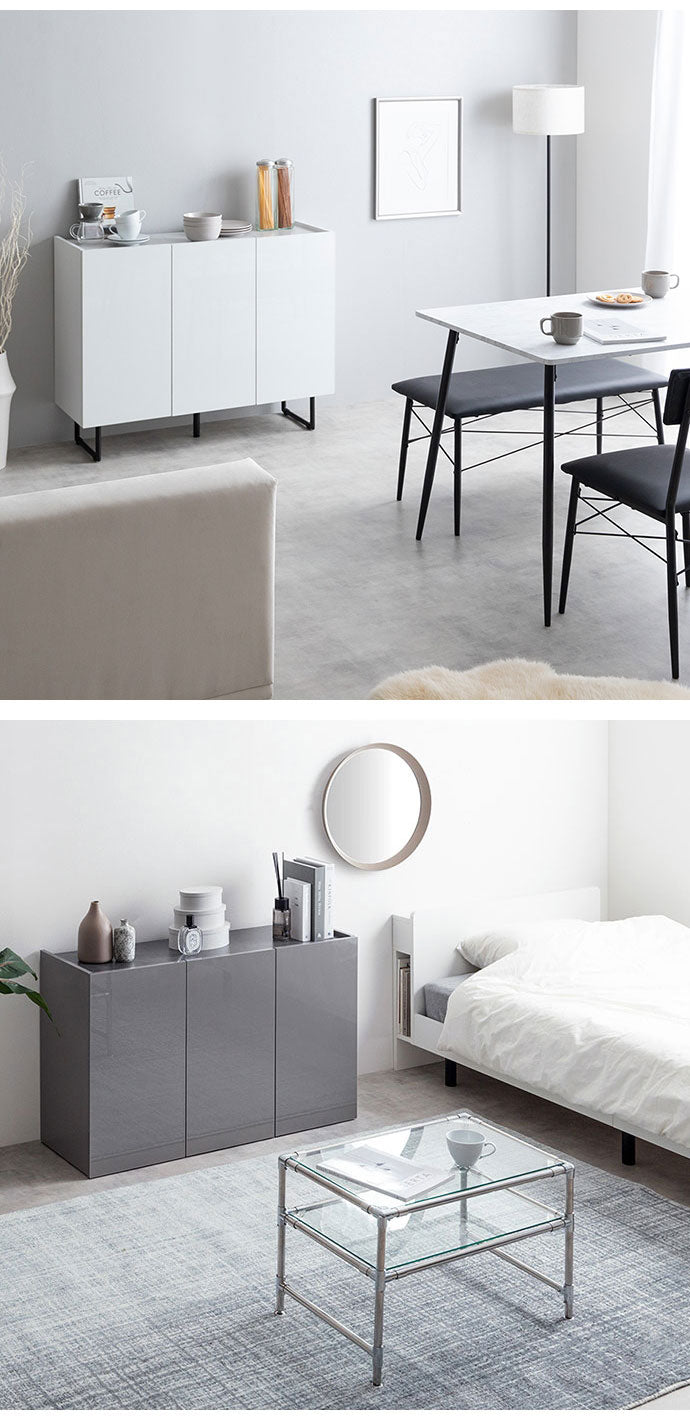 Anq アンク キャビネット 石目柄 可動棚 組立品 鏡面扉 幅100cm スリム 2WAY ハイタイプ ロータイプ コード穴付き 奥行35cm 高さ80cm リビング ダイニング ベット デスク 上品 重厚感(代引不可)