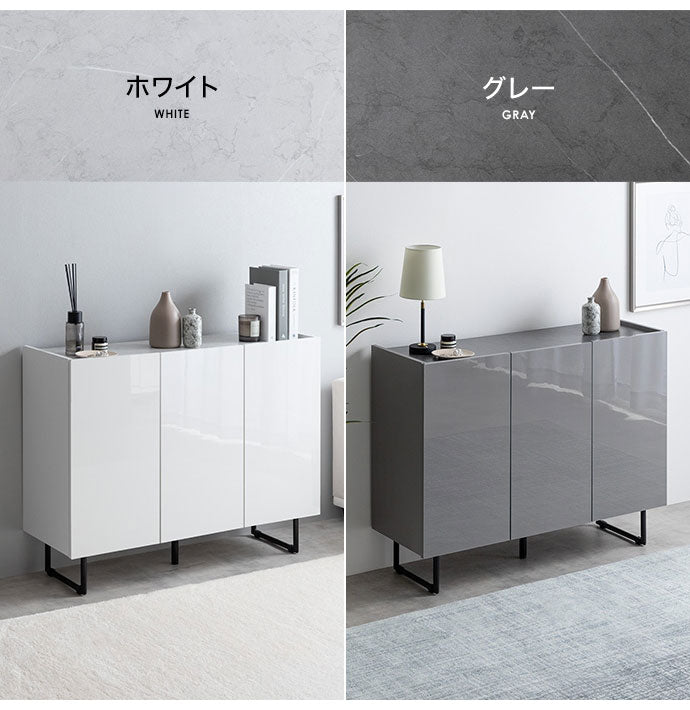 Anq アンク キャビネット 石目柄 可動棚 組立品 鏡面扉 幅100cm スリム 2WAY ハイタイプ ロータイプ コード穴付き 奥行35cm 高さ80cm リビング ダイニング ベット デスク 上品 重厚感(代引不可)