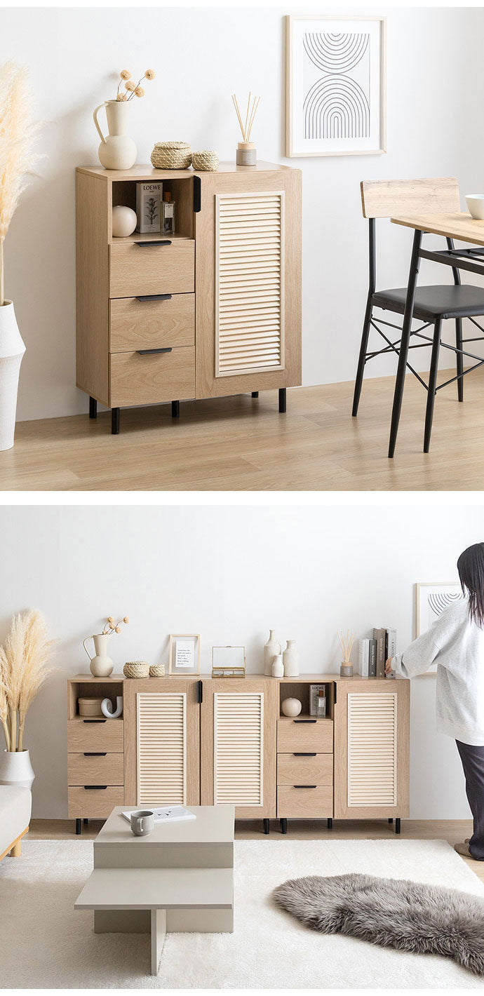 Coffea コフェア キャビネット 木目調 幅70cm ナチュラル ルーバー扉 オープン収納 引き出し コード穴付き コンパクト 奥行29cm 高さ84.5cm 一人暮らし ワンルーム 玄関 リビング デスク 棚(代引不可)