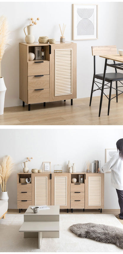 Coffea コフェア キャビネット 木目調 幅70cm ナチュラル ルーバー扉 オープン収納 引き出し コード穴付き コンパクト 奥行29cm 高さ84.5cm 一人暮らし ワンルーム 玄関 リビング デスク 棚(代引不可)