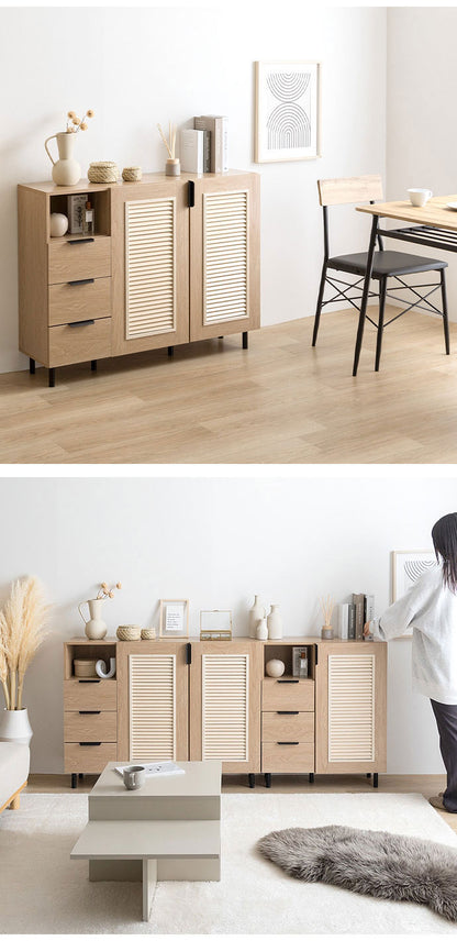 Coffea コフェア キャビネット 木目調 幅110cm ナチュラル ルーバー扉 オープン収納 引き出し コード穴付き コンパクト 奥行29cm 高さ84.5cm 一人暮らし ワンルーム 玄関 リビング デスク 棚(代引不可)