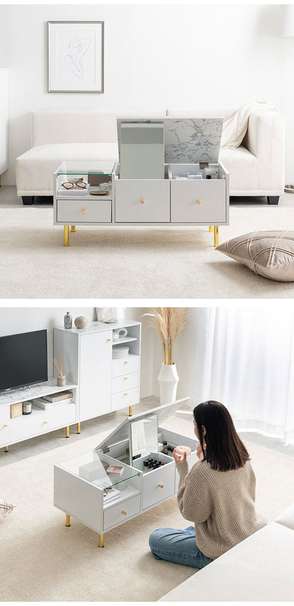 Camila カミラ ドレッサーテーブル 1台2役 大理石柄 引き出し付き 組立品 ガラス鏡 オープン収納 ガラス天板 ゴールド 一人暮らし ワンルーム 幅86cm 奥行40cm 高さ37.7cm ドレッサー メイク収納(代引不可)