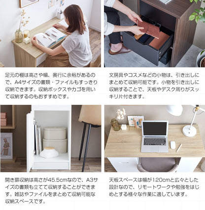 収納付きデスク 幅120cm 大容量収納 広々天板スペース A4サイズ 書類 本棚 書棚 シェルフ 引き出し ラック ツートン 木製 ナチュラル かわいい 可愛い 韓国インテリア おしゃれ(代引不可)