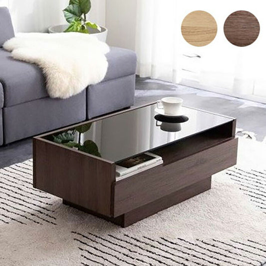 テーブル センターテーブル 幅85cm 強化ガラス天板 ローテーブル リビングテーブル おしゃれ 木製 コンパクト 収納 収納付き 引き出し 幕板 ガラステーブル 木目調(代引不可)