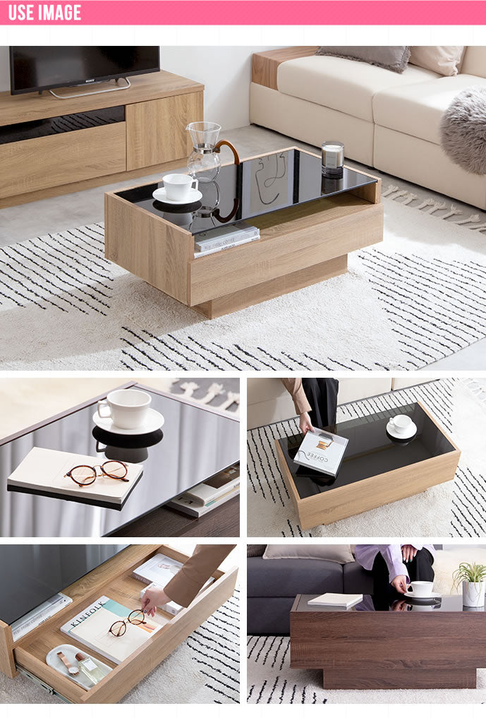 テーブル センターテーブル 幅85cm 強化ガラス天板 ローテーブル リビングテーブル おしゃれ 木製 コンパクト 収納 収納付き 引き出し 幕板 ガラステーブル 木目調(代引不可)