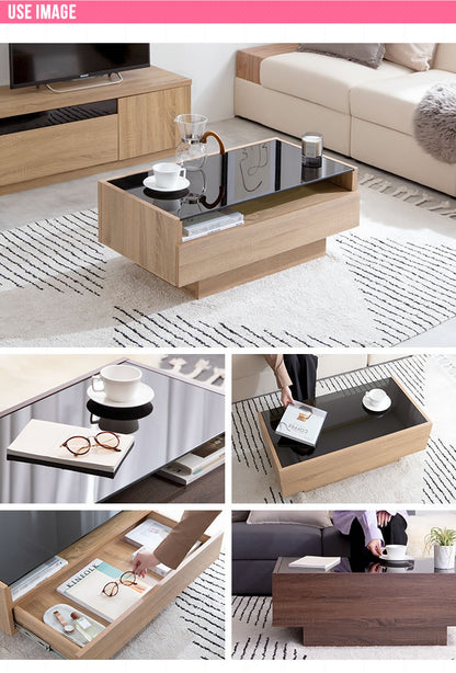 テーブル センターテーブル 幅85cm 強化ガラス天板 ローテーブル リビングテーブル おしゃれ 木製 コンパクト 収納 収納付き 引き出し 幕板 ガラステーブル 木目調(代引不可)