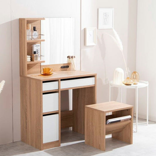 ドレッサー デスク 1面鏡 幅70cm 見せる棚付き 2口コンセント スツール付き 大容量 収納 ツートン 木製 ナチュラル かわいい 可愛い 韓国インテリア おしゃれ(代引不可)