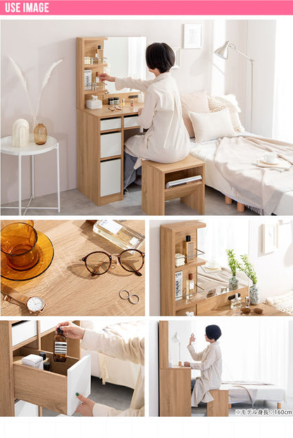ドレッサー デスク 1面鏡 幅70cm 見せる棚付き 2口コンセント スツール付き 大容量 収納 ツートン 木製 ナチュラル かわいい 可愛い 韓国インテリア おしゃれ(代引不可)