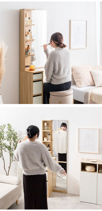 Elena エレナ 収納付姿見ドレッサー 幅52cm 組立品 収納スペース 大鏡 全身映る コンパクト スリム 奥行35cm 高さ162cm 2口コンセント 引き出しリバーシブル 一人暮らし ワンルーム 姿見(代引不可)