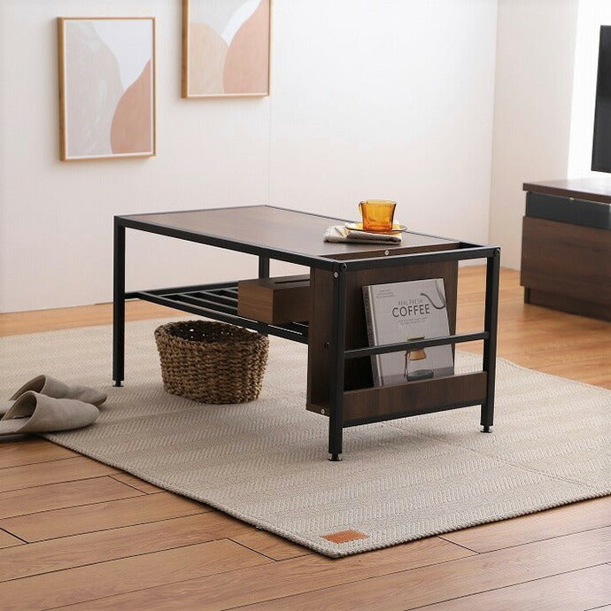収納付きセンターテーブル 棚付き ローテーブル 収納付きテーブル リビングテーブル マガジンラック カフェ風 おしゃれ 木製 コンパクト ブラウン(代引不可)