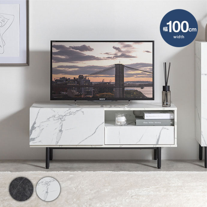 Ellis エリス 大理石柄テレビ台 幅100cm コード穴付き 組立品 オープン収納 扉収納 ソフトダウンステー仕様 上品 スタイリッシュ コンパクト リビング ワンルーム お手入れ簡単 大理石柄(代引不可)