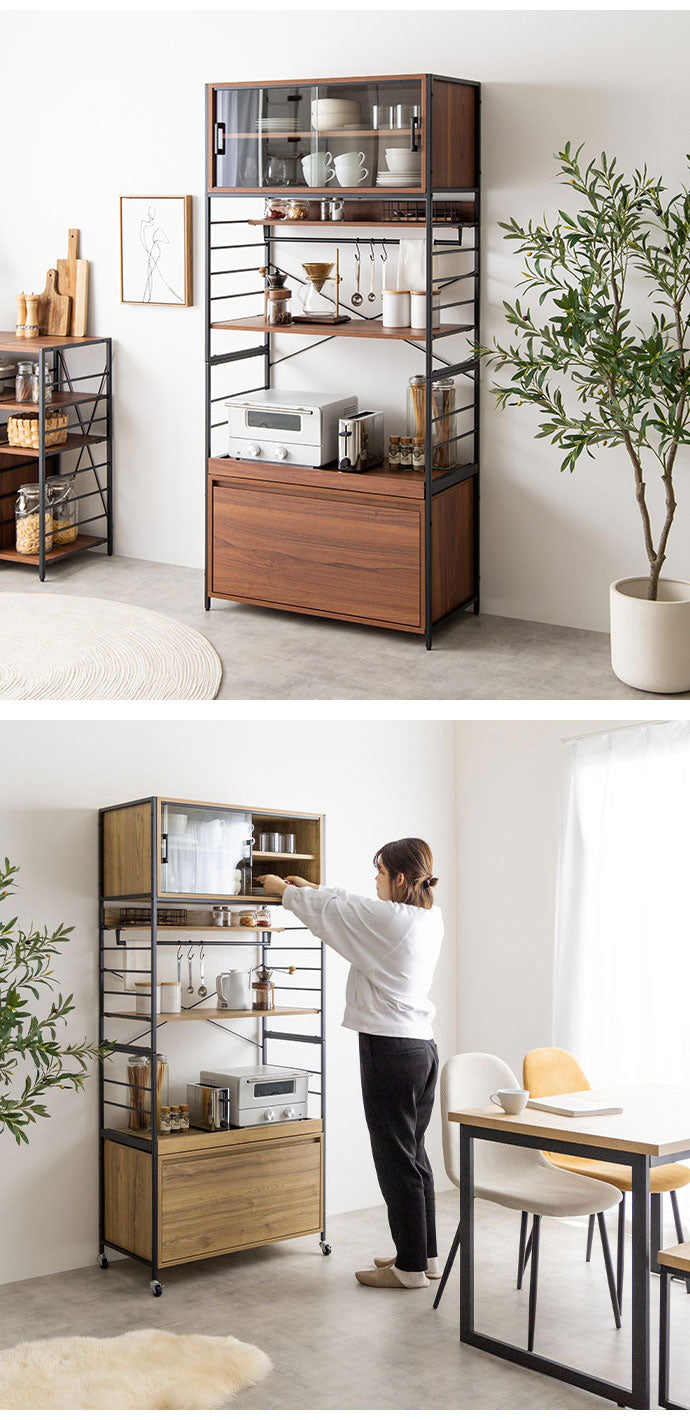 Carter カーター 食器棚 可動式 幅80cm 木目調 組立品 オープン収納 6種類の収納 キッチン ヴィンテージ 上質 付替え脚部 アジャスター キャスター 見栄え 家事 台所 キッチン収納(代引不可)