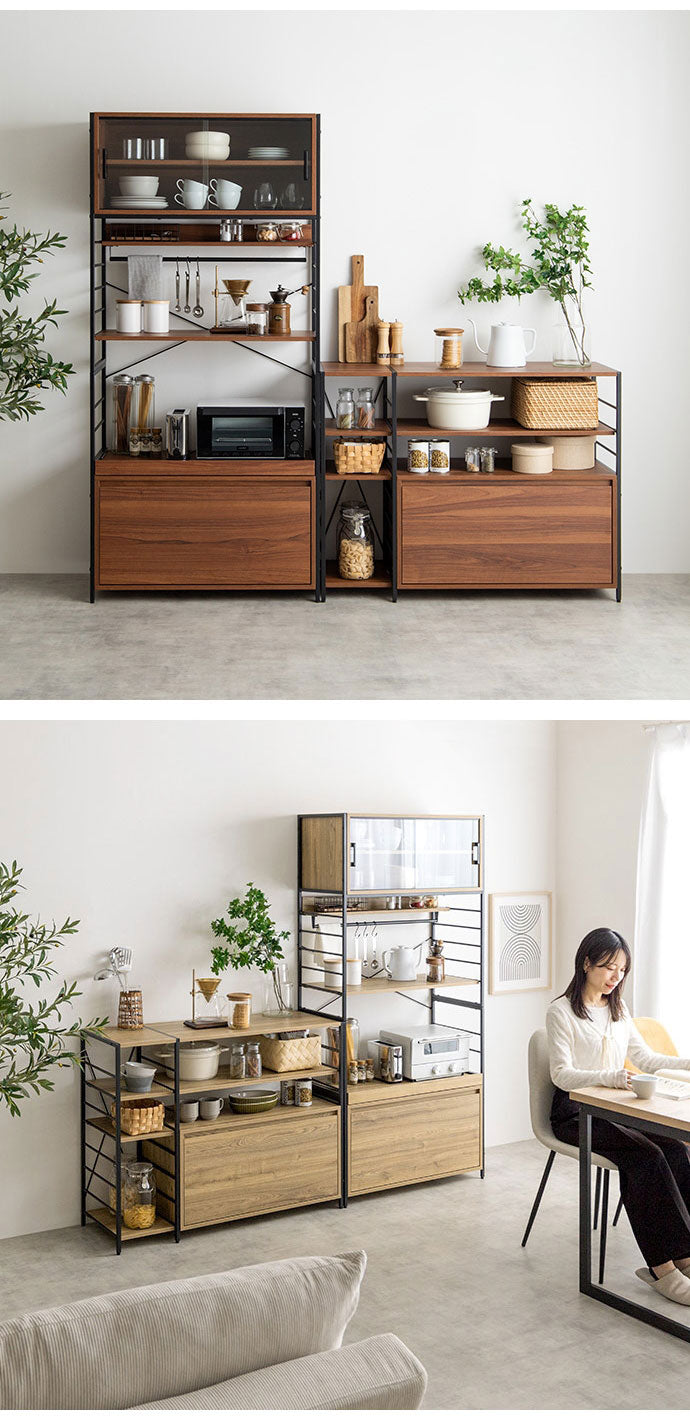 Carter カーター 食器棚 可動式 幅80cm 木目調 組立品 オープン収納 6種類の収納 キッチン ヴィンテージ 上質 付替え脚部 アジャスター キャスター 見栄え 家事 台所 キッチン収納(代引不可)