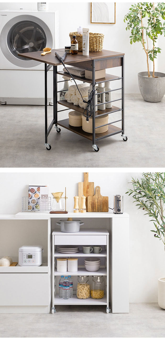 Cammy キャミー 伸縮式キッチンワゴン バタフライ式 幅36~69cm 組立品 幅36cm(バタフライ使用時69cm) 奥行50cm 高さ71cm ラック シンプル コンパクト 広々天板 省スペース 作業台 棚(代引不可)