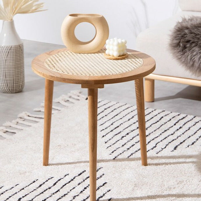 ラタンサイドテーブル 幅45cm 天然籐×天然木 かごめ編み ラタン オーク材 ナイトテーブル 木製 ナチュラル 韓国インテリア かわいい 可愛い おしゃれ 籐家具 ラタン家具(代引不可)