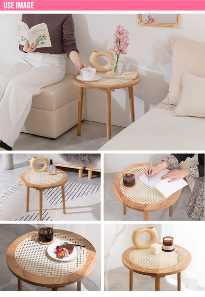 ラタンサイドテーブル 幅45cm 天然籐×天然木 かごめ編み ラタン オーク材 ナイトテーブル 木製 ナチュラル 韓国インテリア かわいい 可愛い おしゃれ 籐家具 ラタン家具(代引不可)